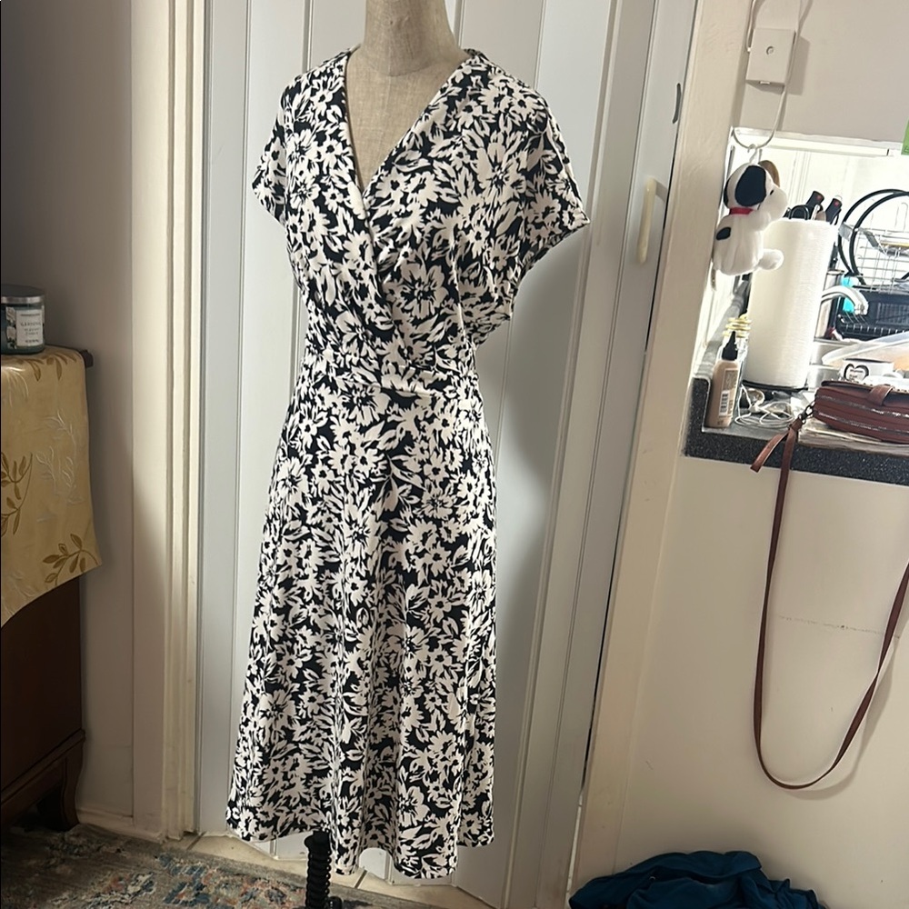 Floral Black and White Wrap Dress NWOT